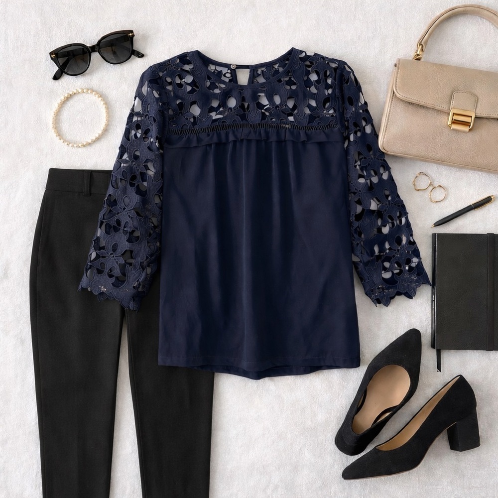 LOFT Sheer Floral Lace Top | Navy | Petite XS